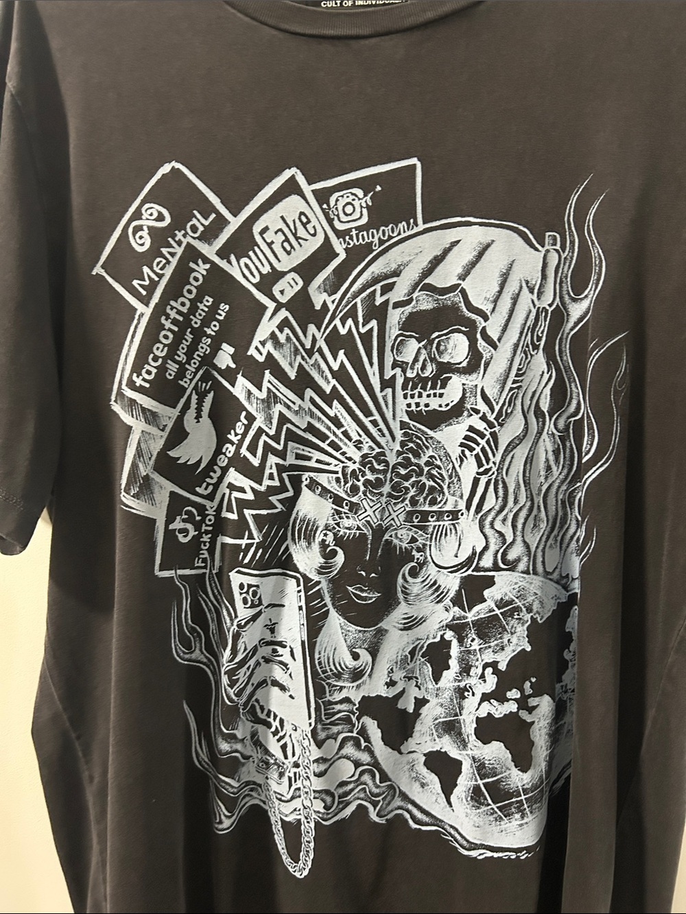 Cult of Individuality Black Short-Sleeve Tee with White Graphic Illustration